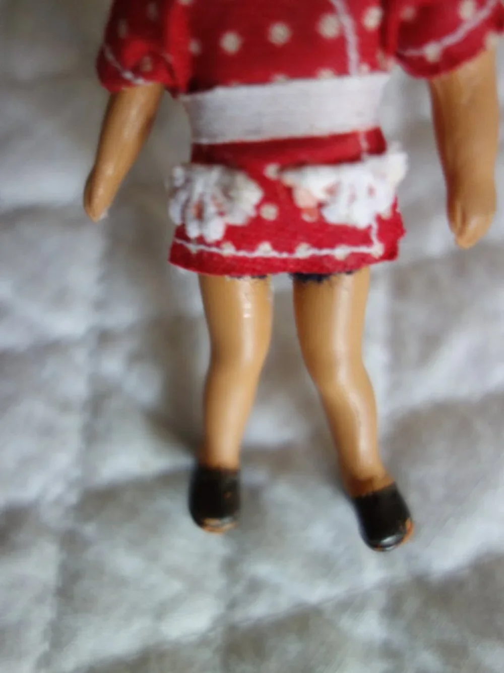 Vntg German ARI Rubber Dollhouse Doll w/ Molded Hair Red Dress